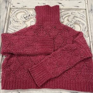 POL Pink Chenille Turtleneck Sweater M Thick knit Fan Pattern cropped Boxy Soft